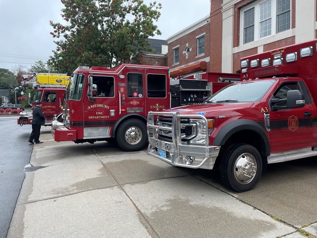 Fire trucks outside Amesbury Fire Department