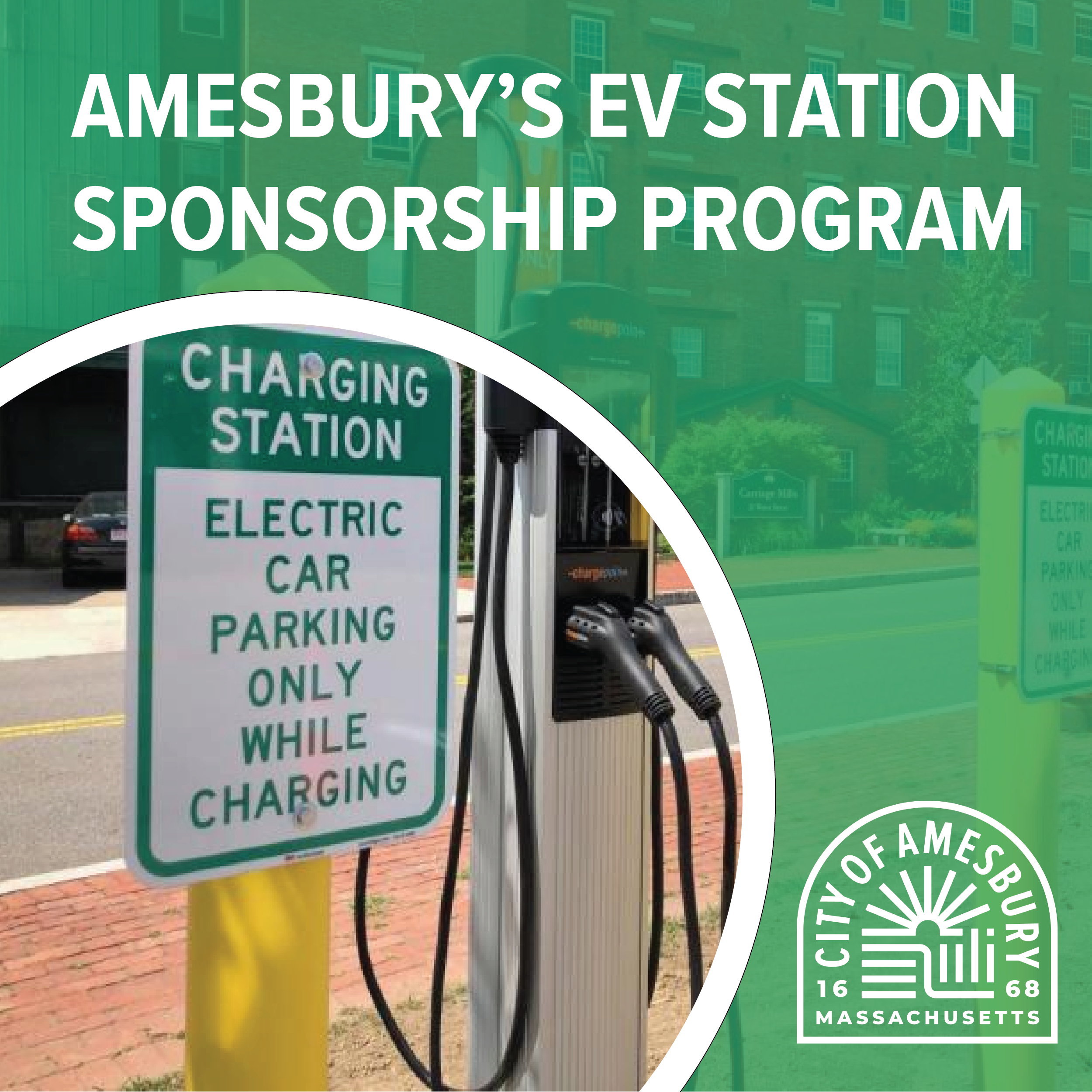 Amesbury's EV Station Sponsorship Program - Photo of one of the charging stations in Amesbury 