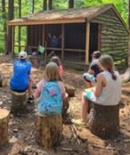 Kids sitting around a cabin in the woods