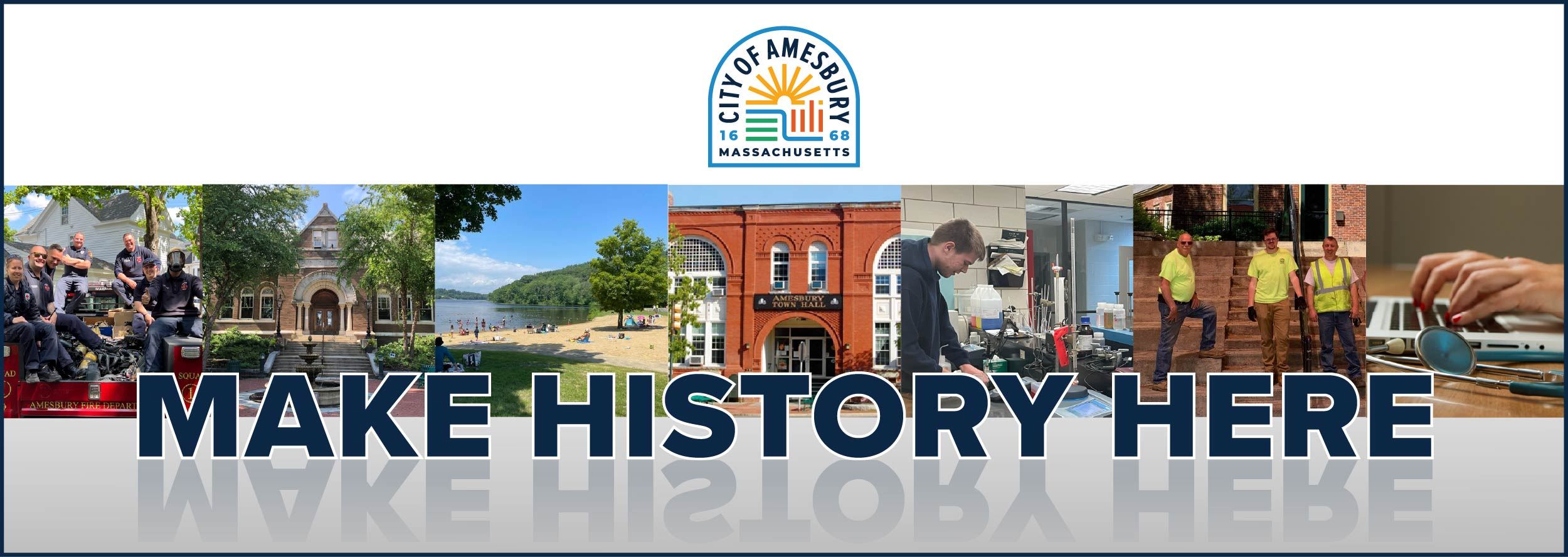 Amesbury City logo. A collage of square images lined up horizontally.  