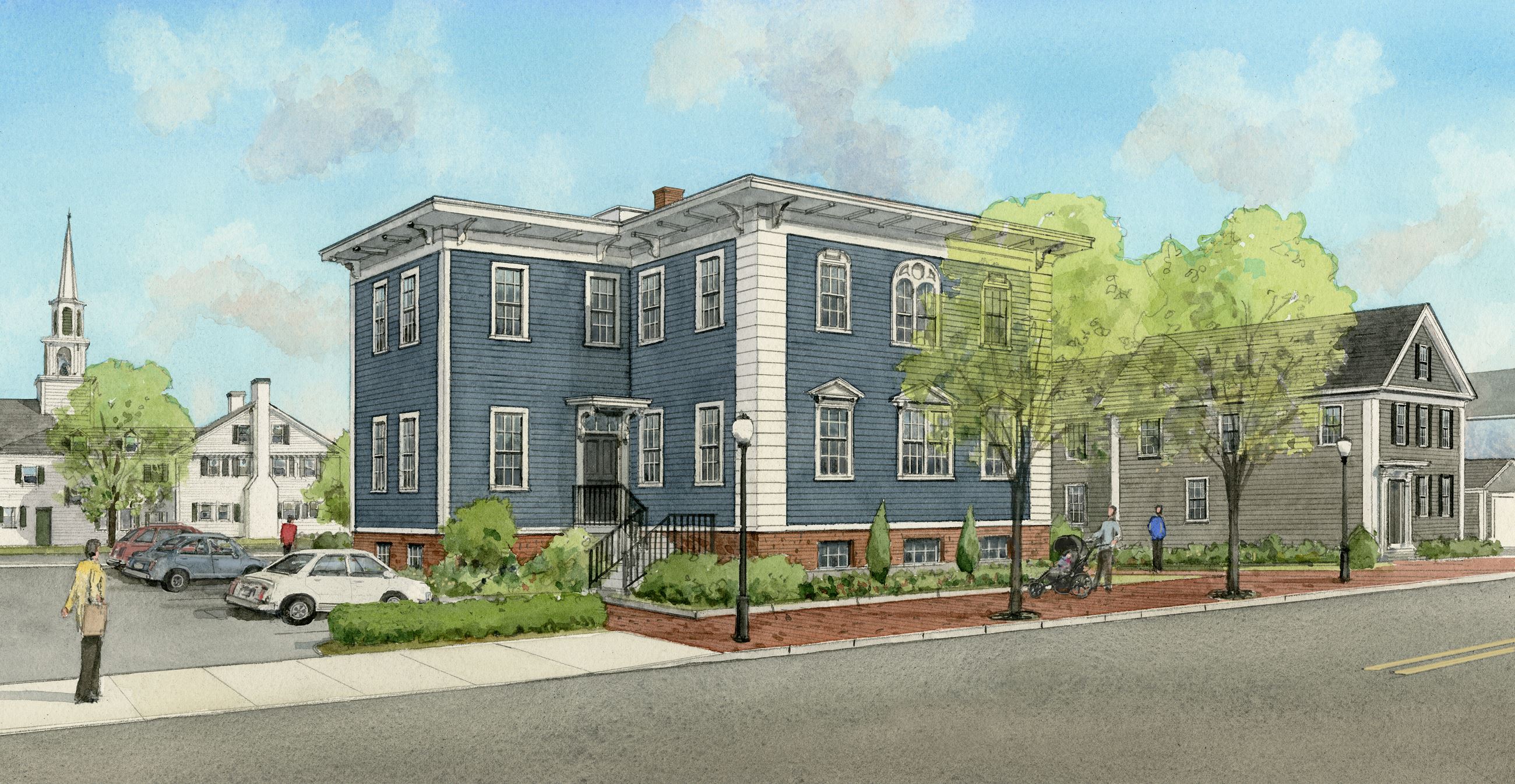 5 & 9 School Street Conceptual Plan. Rendering of proposed development of a residential building. 