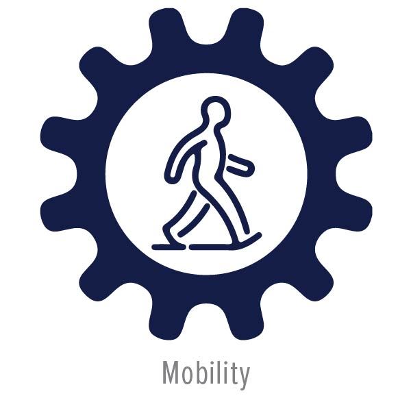 Master Plan Mobility Icon. Graphic illustration of a person walking. The person is inside of a gear