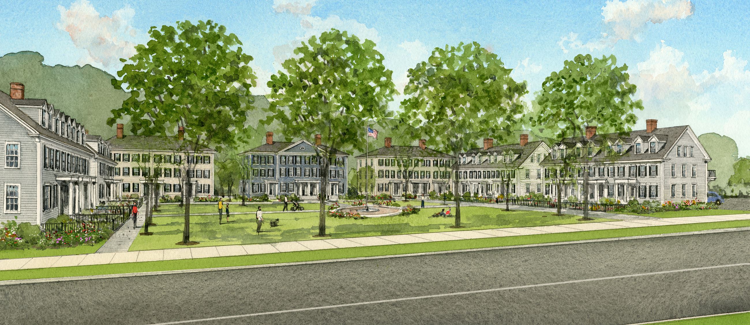 Conceptual rendering of proposed development of townhouses, with open space between them.